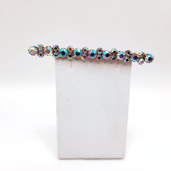 Vintage Aurora Borealis Rhinestone Bar Pin, Gold Plated Backing, Prong Set - Picture 9 of 10